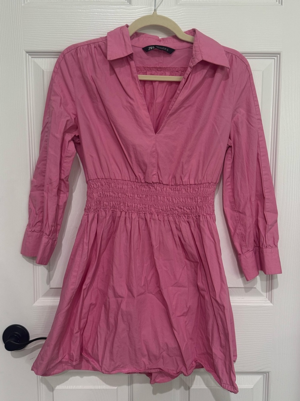 Zara Pink Collared V-Neck Smocked Waist Mini Dress